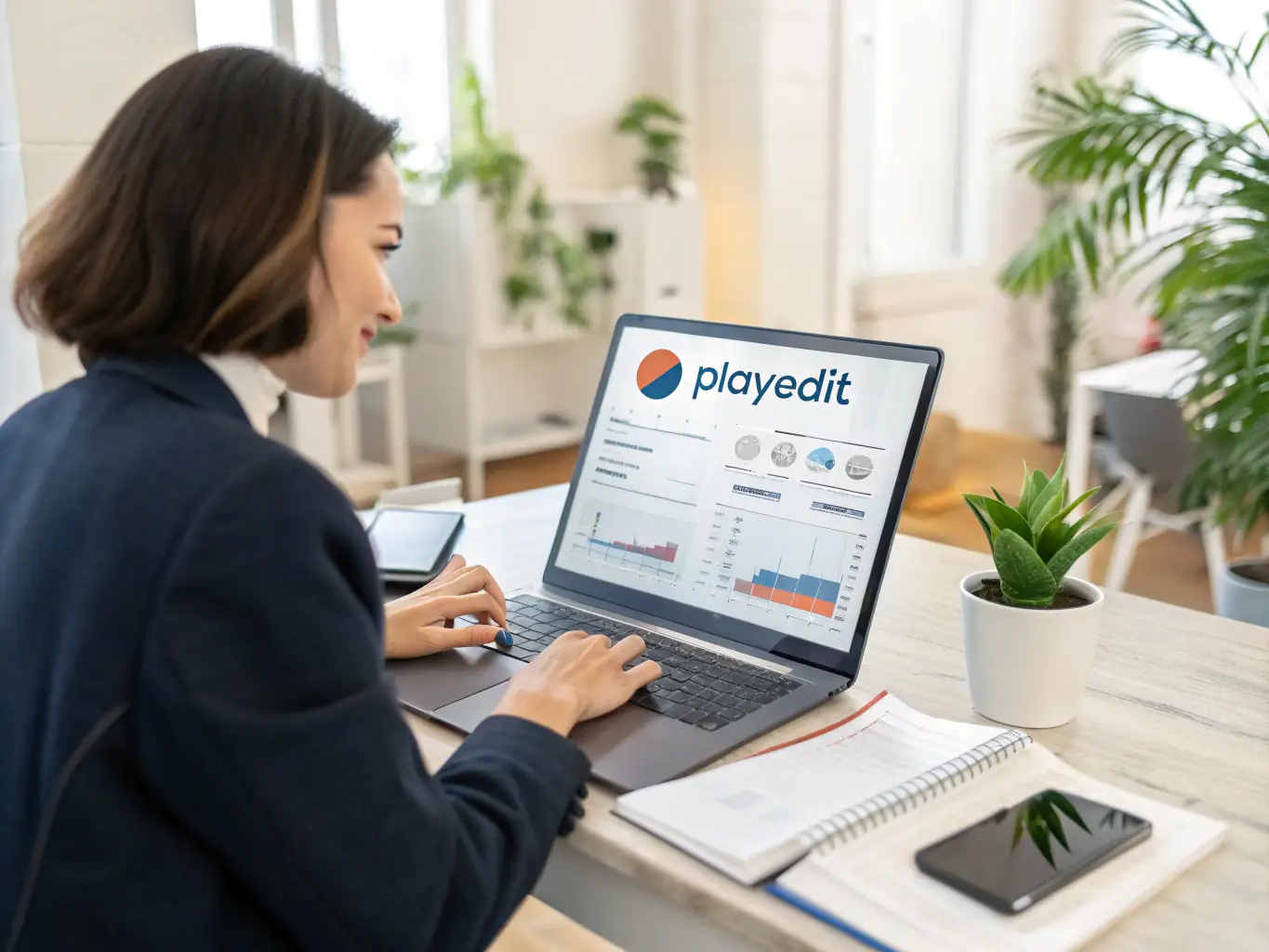 A professional workspace environment showcasing a user interacting with Payhawk One's expense tracking dashboard on a laptop, with charts and data visualizations displayed prominently.