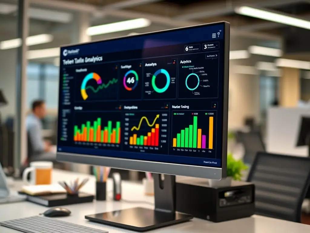 A dashboard displaying financial analytics and insights, with key performance indicators (KPIs) and trends highlighted through interactive charts and graphs.